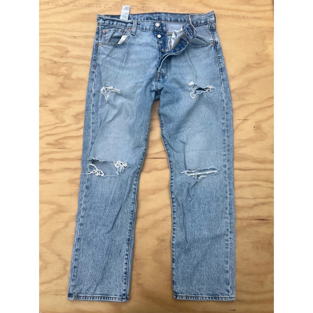 Levis 501 93 Straight Leg Jeans Mens 34x30 Light Wash Distressed Blue Denim